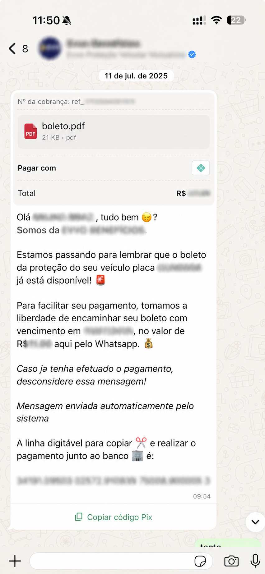 Boleto real enviado pelo WhatsApp com a opção Copiar código Pix e dados sensíveis anonimizados