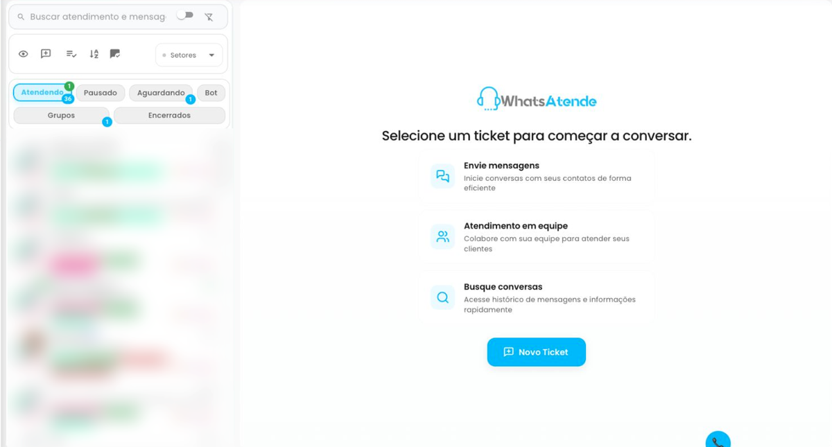 Tela real da central de atendimentos do WhatsAtende com contatos anonimizados
